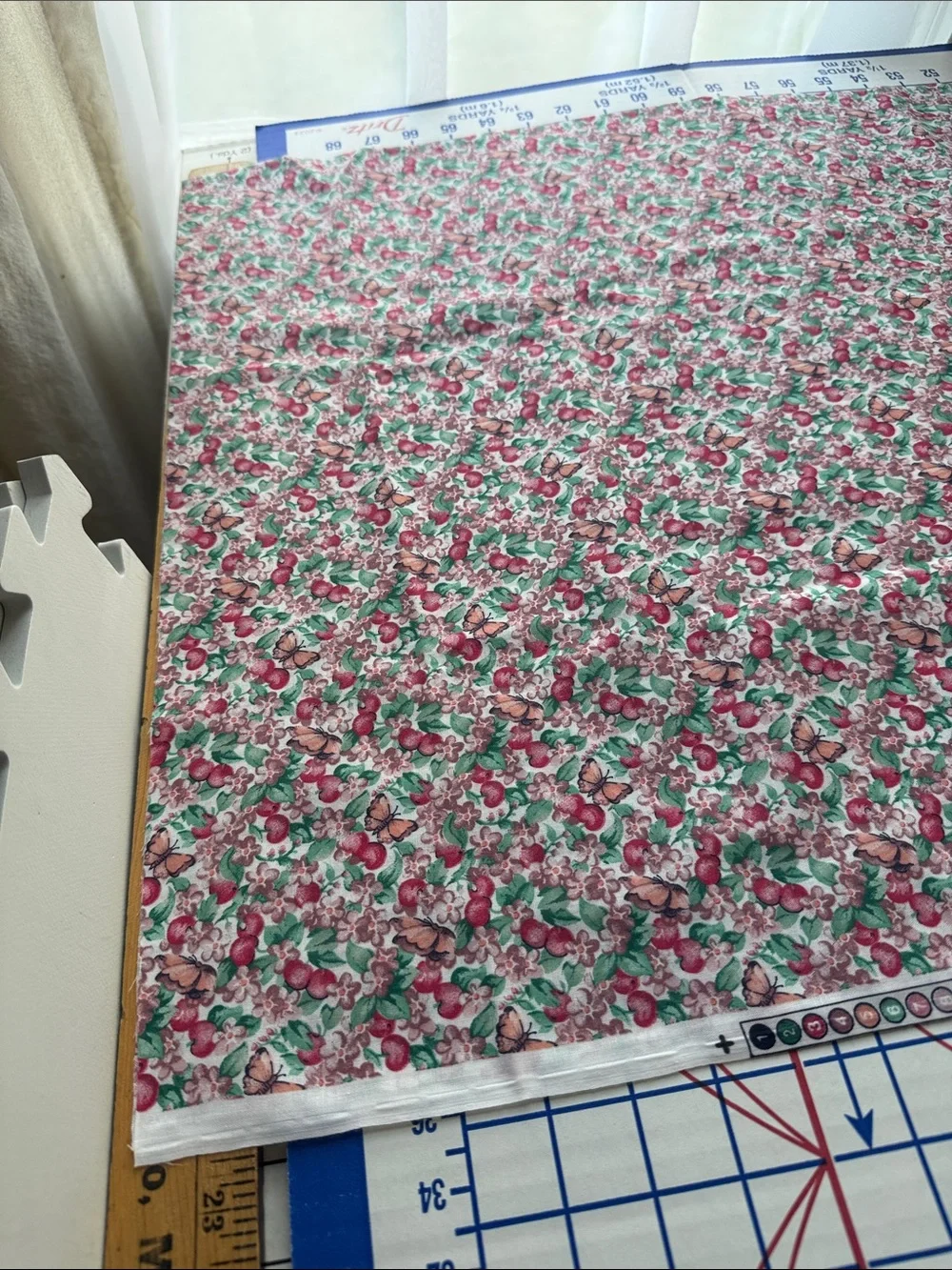 Vintage 1990s Cotton Blend Fabric 2 Yards x 44 Apple Floral Butterfly Print